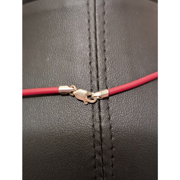 Red Rubber Cord W/ 925 Sterling Silver Clasp & Pearl Pendant 16" Necklace - Picture 4 of 5